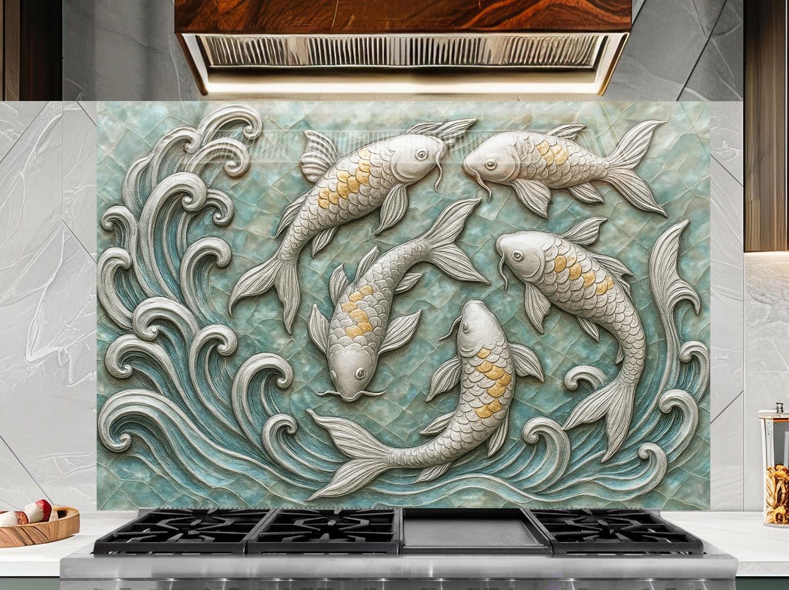 a kitchen backsplash with a tile design of three koi fish swimming in
