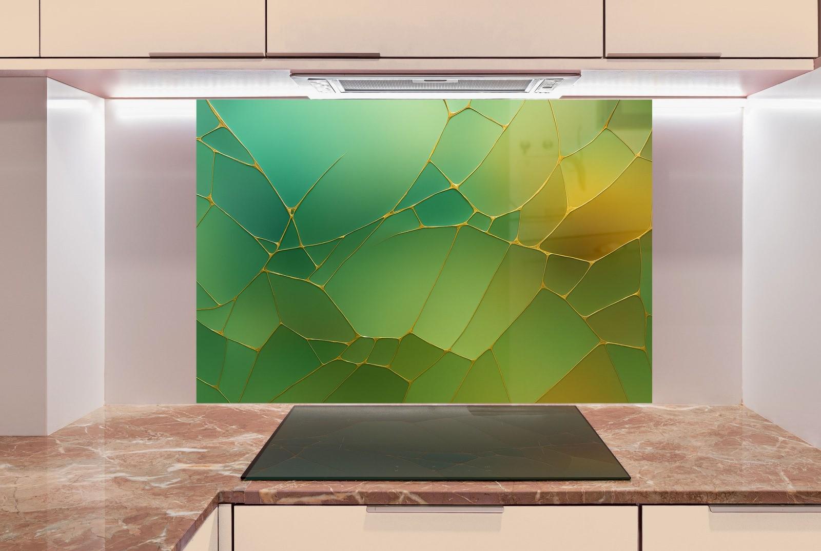 a kitchen with a stove top and a painting on the wall