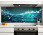 a kitchen with a large, vibrant mural depicting a crashing wave on the wall behind the stove.