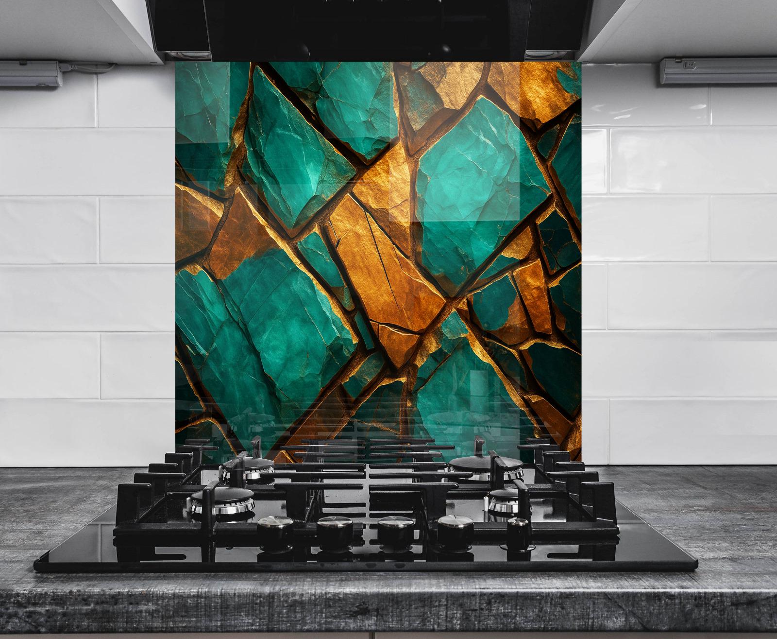 a stove top sitting inside of a kitchen next to a tiled wall