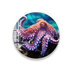 A circular image depicting a serene night scene with a group of blue butterflies fluttering around a small mushroom on a dark, rocky surface.