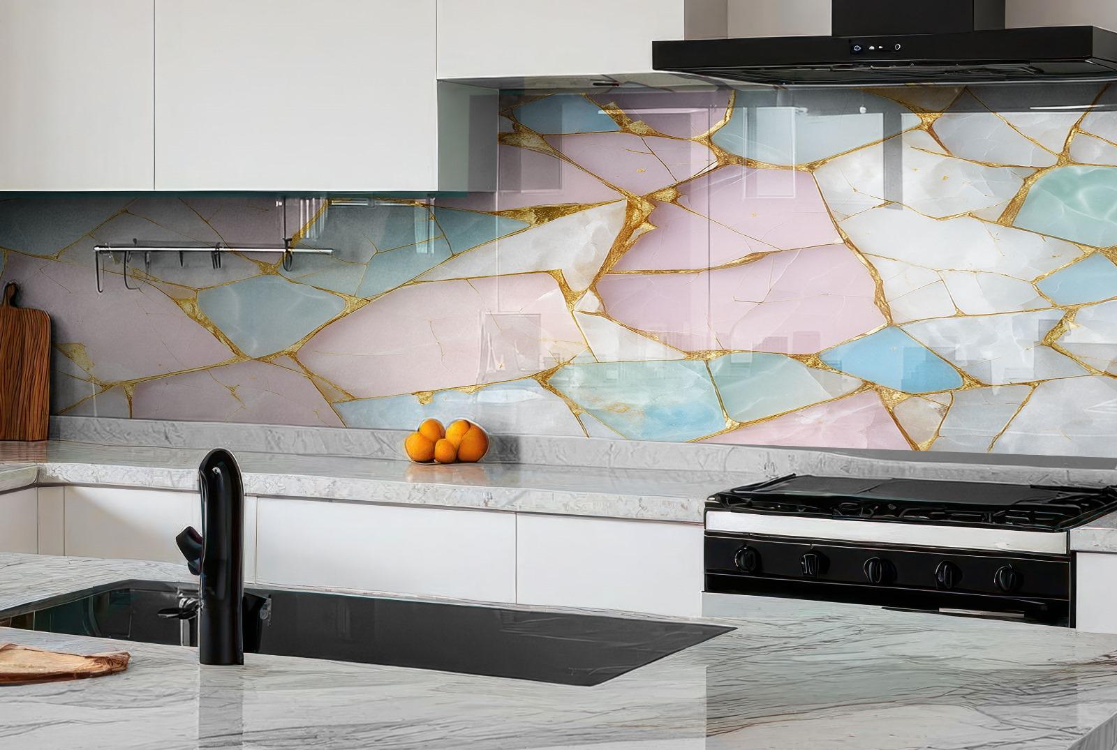 a kitchen with a marble backsplash and white cabinets