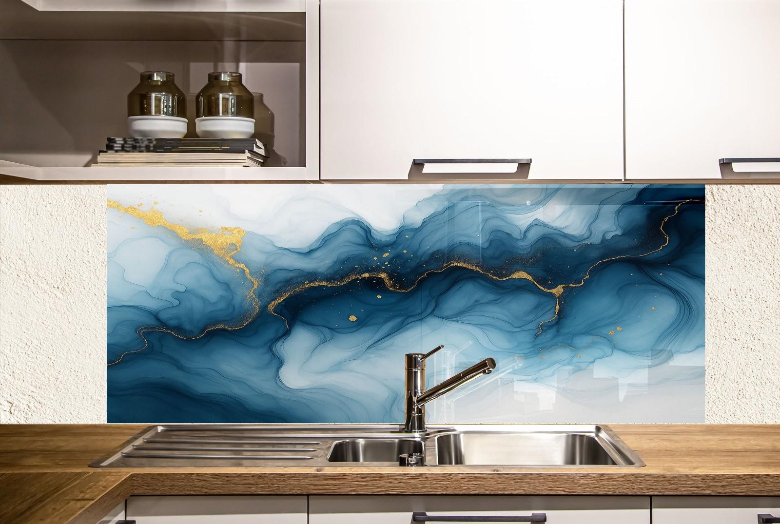 a kitchen with a sink and a painting on the wall