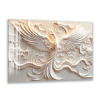 a highly detailed and intricate relief carving of a white bird, possibly a phoenix, with outstretched wings and flowing, swirling patterns surrounding it.