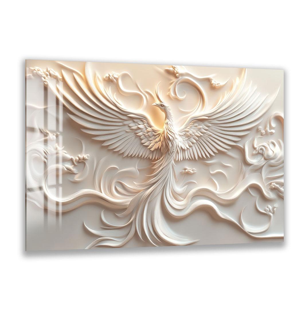 a highly detailed and intricate relief carving of a white bird, possibly a phoenix, with outstretched wings and flowing, swirling patterns surrounding it.