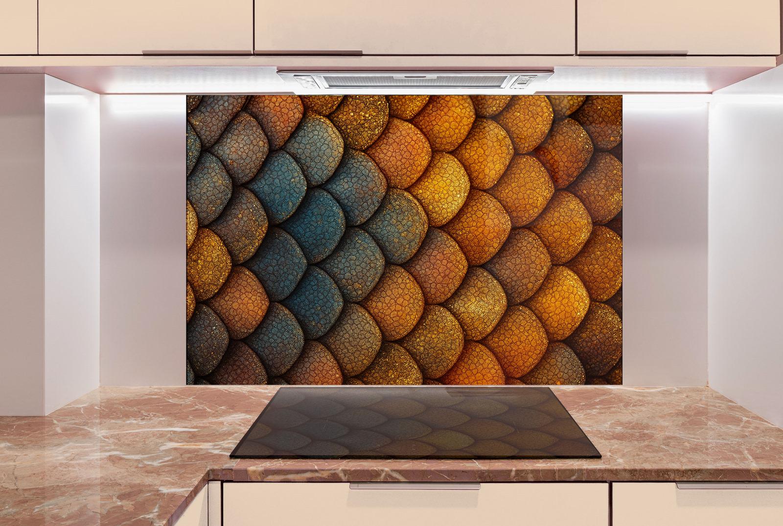 a kitchen with a stove top and a painting on the wall