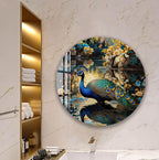 a large circular wall art depicting a peacock standing in a pond surrounded by flowers.