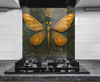 a large, ornate butterfly design on a wall behind a gas stove.