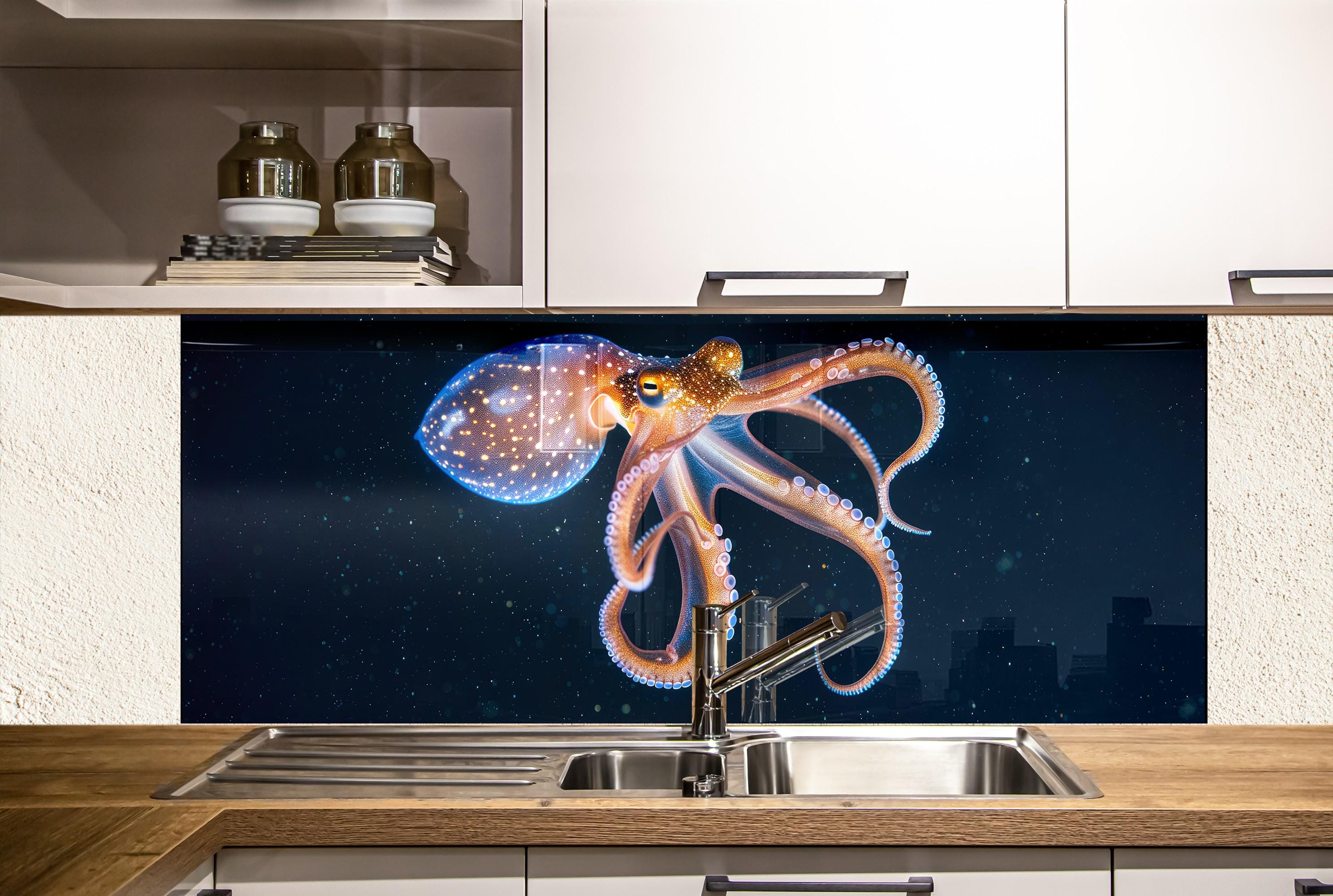 Octopus Tempered Glass Backsplash: Midnight Gold Swirl Art Panel