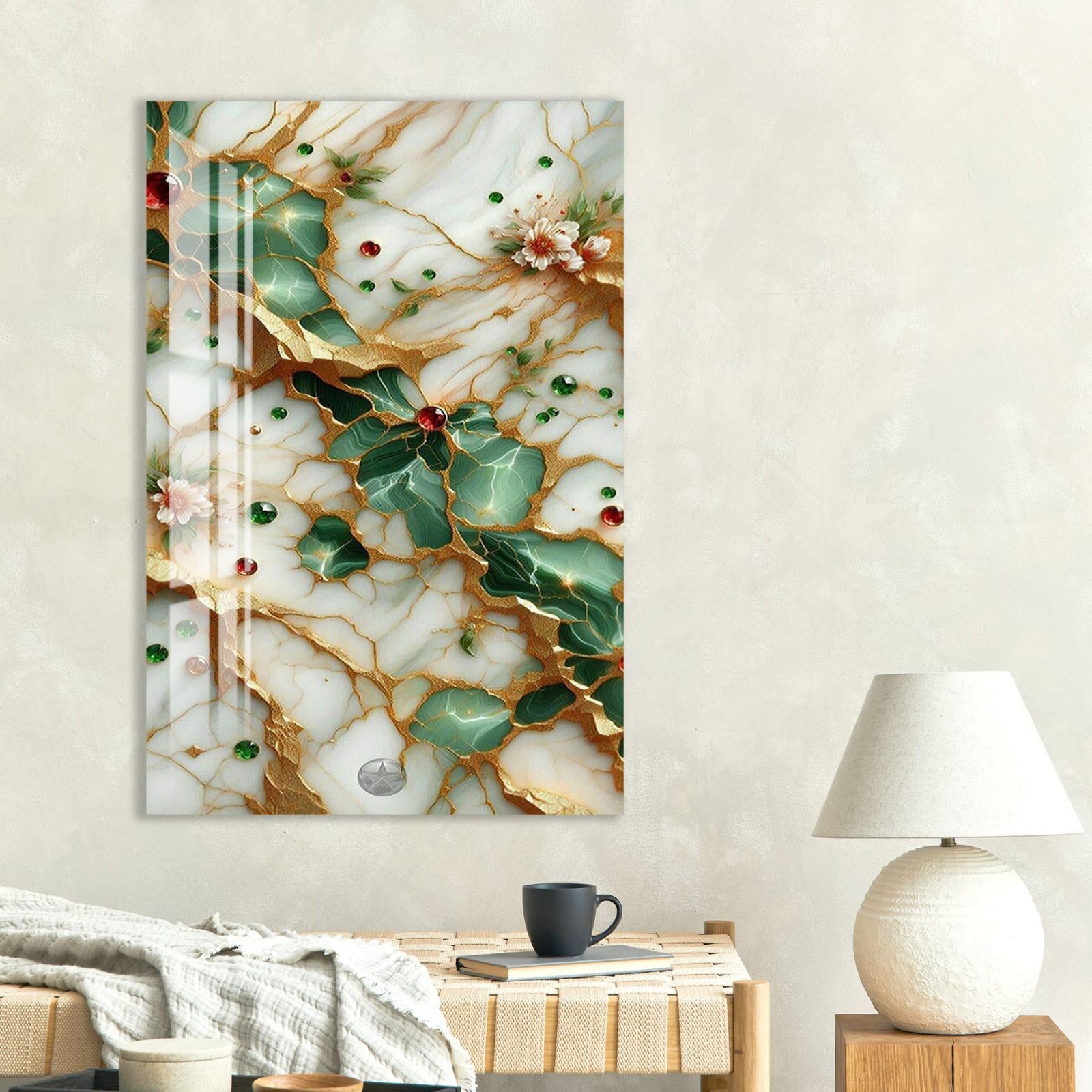a wall art piece with a marble texture and gold accents, hanging above a wooden table with a lamp and a coffee cup on it.