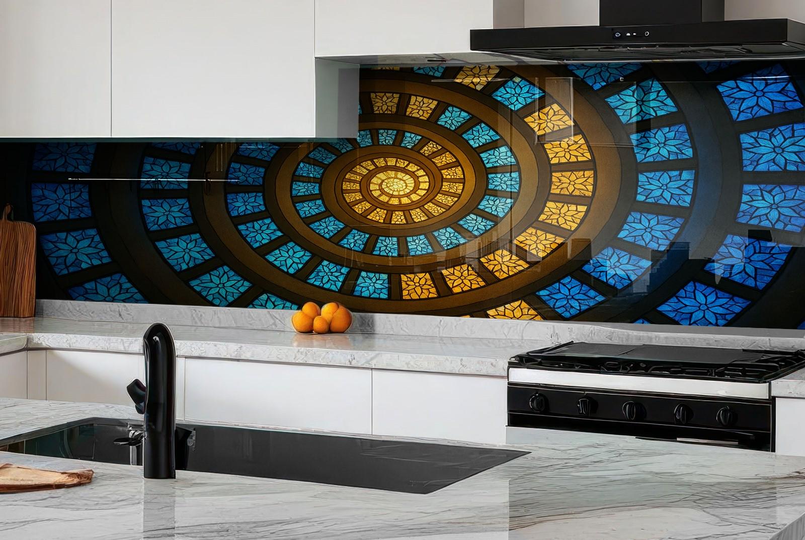 a kitchen with a marble counter top and a glass window