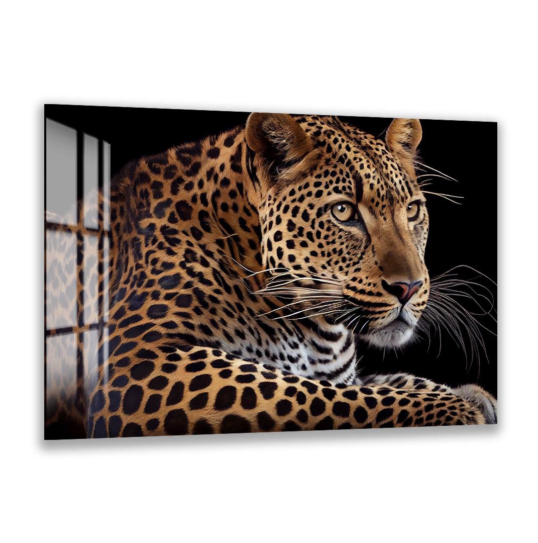 A close-up portrait of a leopard, its distinctive spotted fur and intense gaze captured in a striking black and white image.