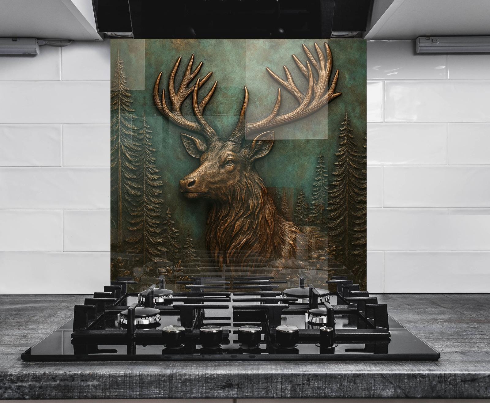 a painting of a deer on a wall above a stove