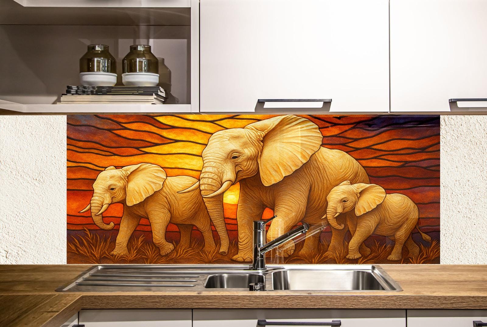 a painting of three elephants on a kitchen backsplash
