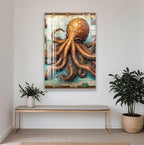 a large, detailed painting of an octopus on a wall, with a wooden bench and potted plants in the foreground.