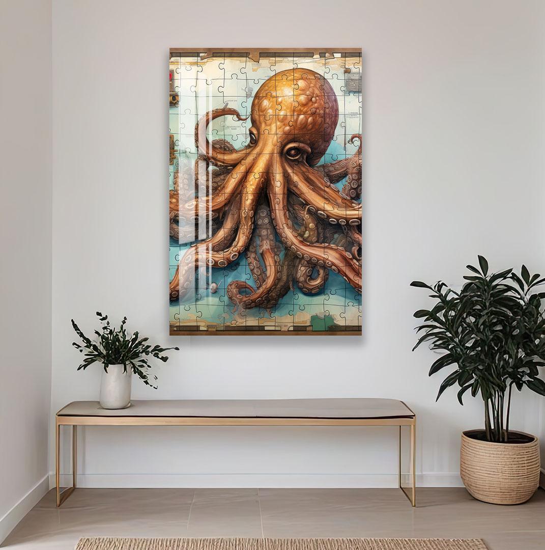a large, detailed painting of an octopus on a wall, with a wooden bench and potted plants in the foreground.