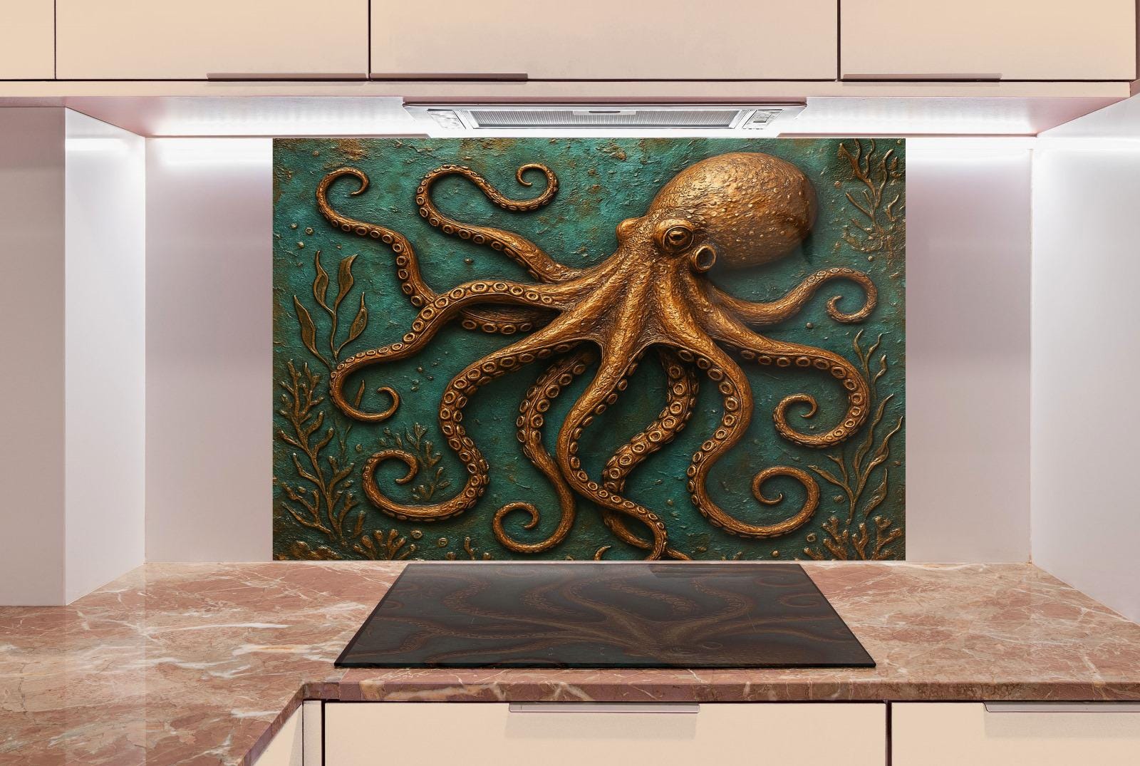 a painting of an octopus on a green background