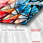 The image is a close-up of a glass surface with a textured, multicolored pattern. The glass appears to be Tempered Glass, which is known for its durability and resistance to scratches. The glass has a thickness of 0.15 millimeters (4mm). The image is described as a "Hang is Mounted Behind the Glass" and is labeled as a "Ready to Hang".