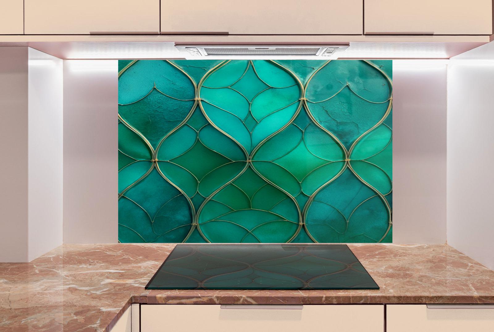 a picture of a kitchen with a green wall