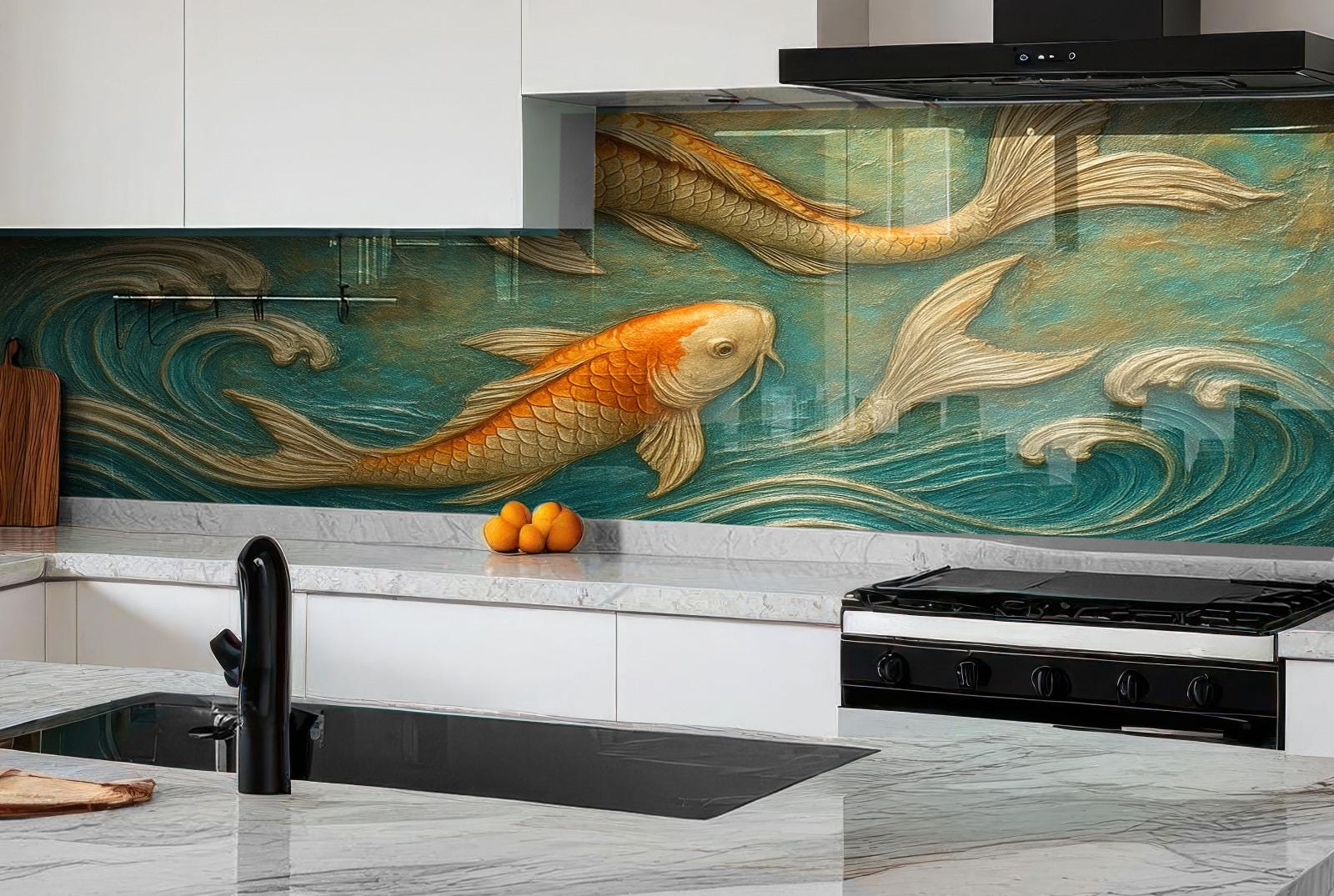 a kitchen with a painting on the wall and a stove