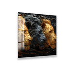 three lion heads, each with a distinct color and texture, set against a dark background.