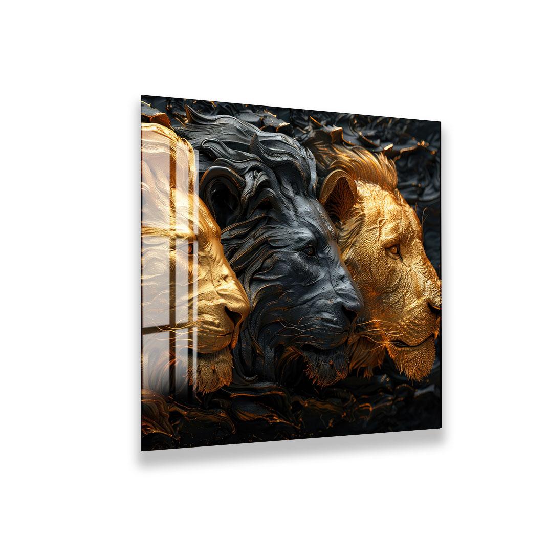 three lion heads, each with a distinct color and texture, set against a dark background.