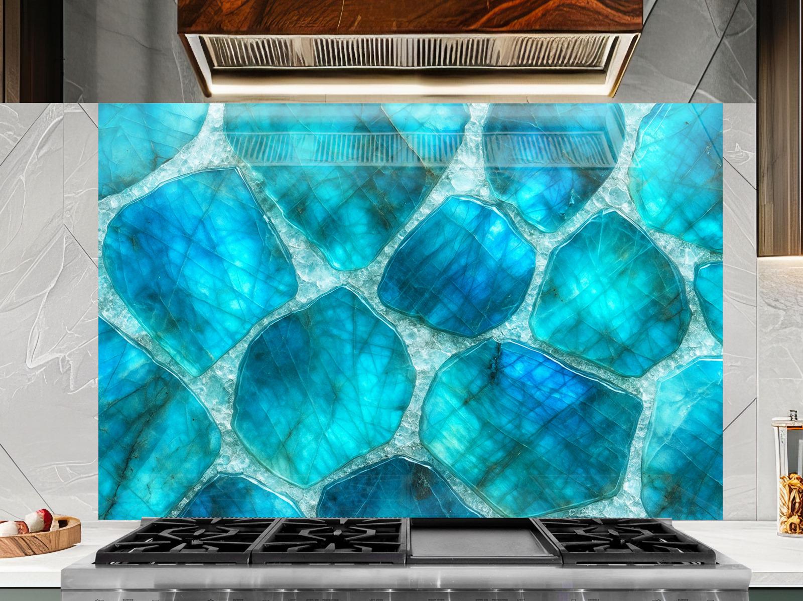 a stove top with a blue glass design on it