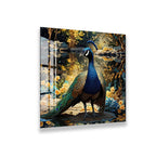 A peacock with its vibrant blue and green feathers is standing on a rock in a lush, colorful garden setting.