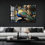 a large, colorful painting of a peacock perched on a rock, surrounded by a lush, floral background.