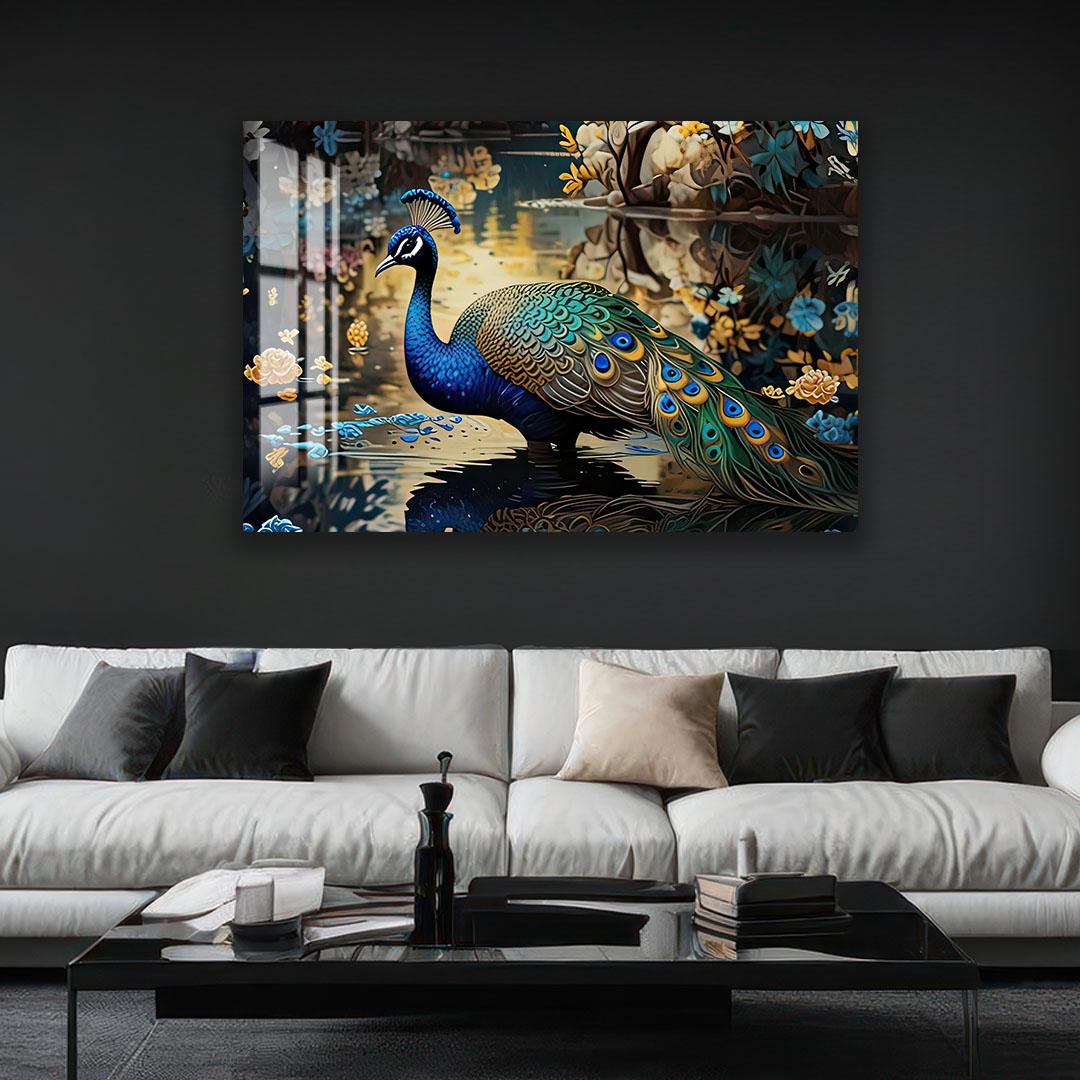 a large, colorful painting of a peacock perched on a rock, surrounded by a lush, floral background.