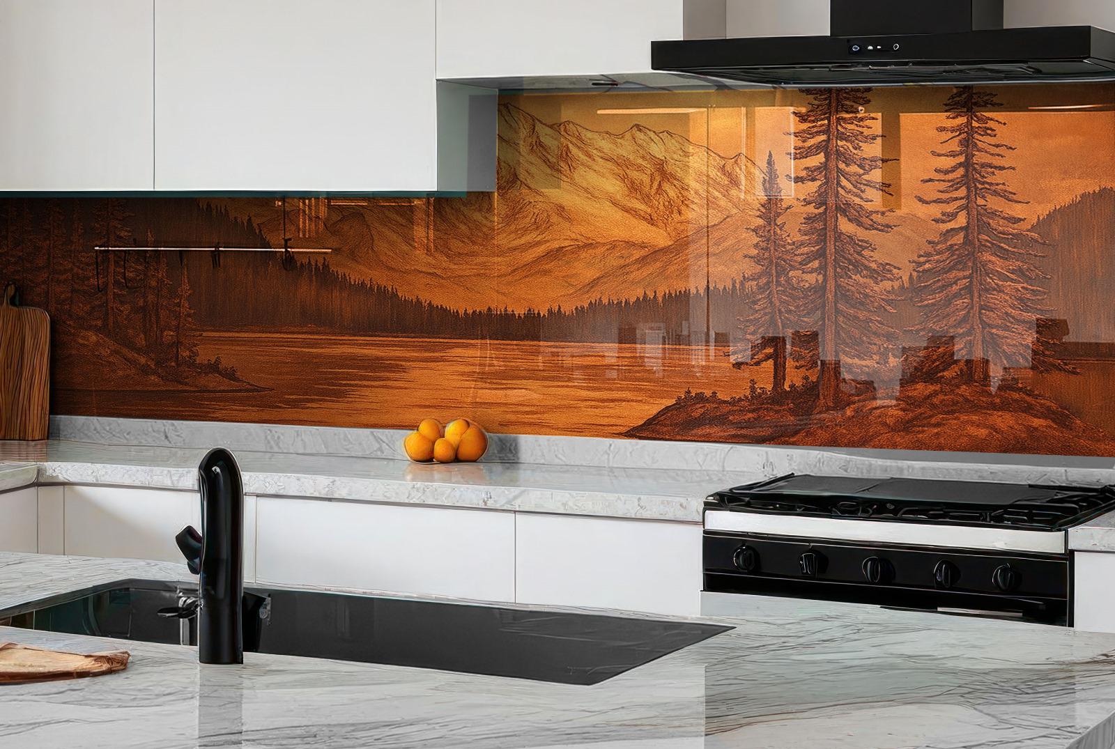 a modern kitchen with a large, colorful backsplash depicting a scenic landscape with mountains and trees. The kitchen has white cabinets and a black stove, and there are oranges and a cutting board on the countertop.