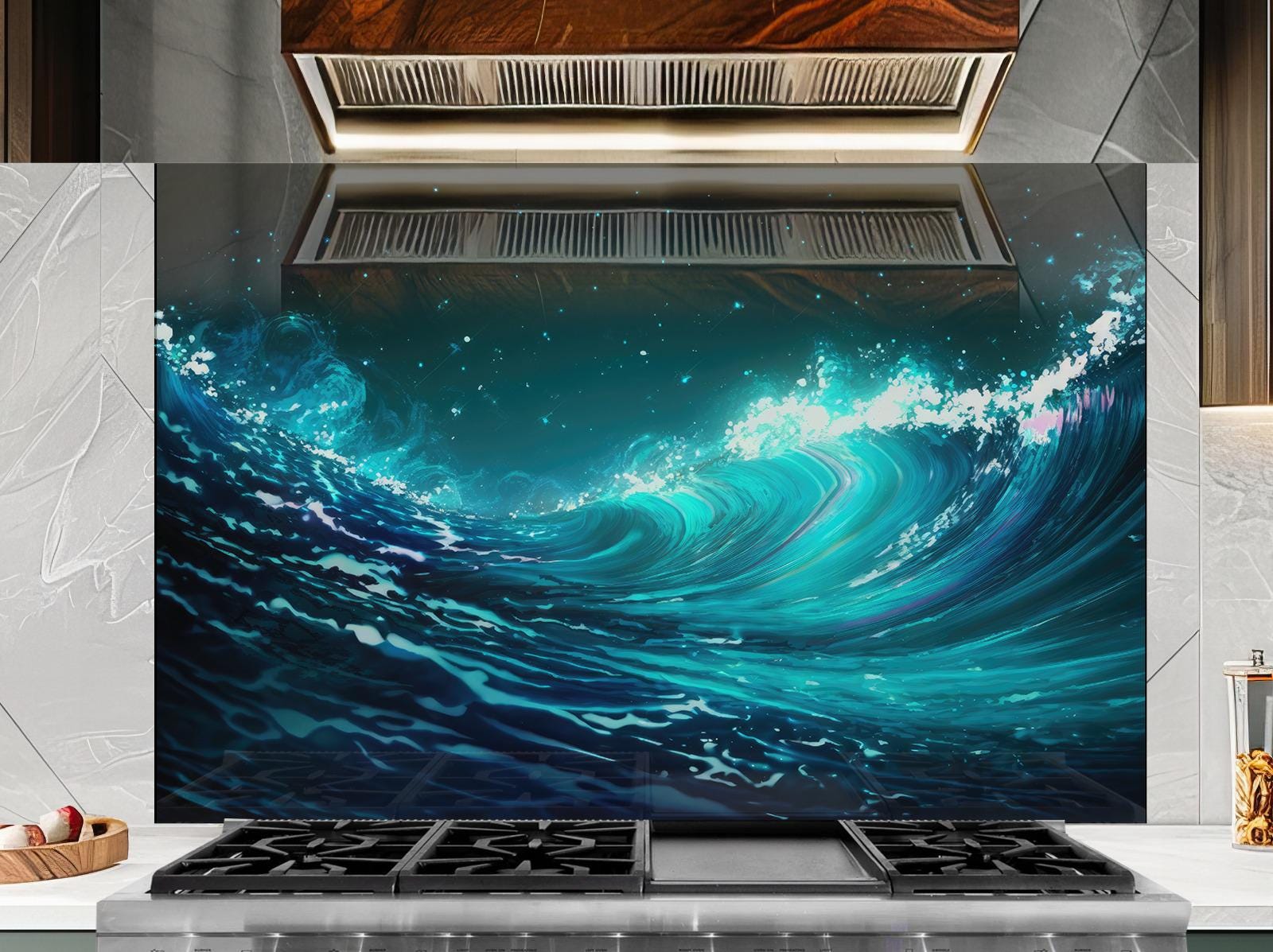 a large, vibrant, and colorful depiction of a wave in the ocean, with the water appearing to be turquoise and the wave having a dynamic, swirling motion. The background of the image is dark, which contrasts with the lighter blue of the water and the white of the wave. The image is framed by a black border, and there is a vent or exhaust fan visible in the background.