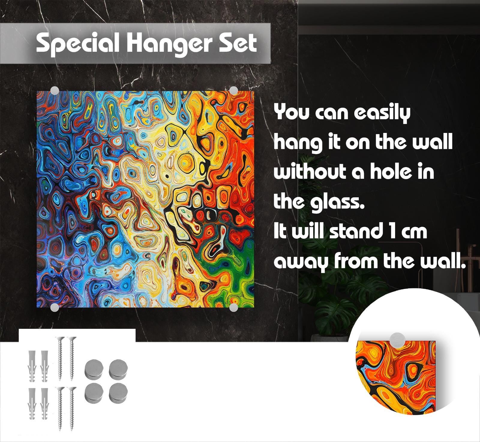 The image is a product advertisement for a special hanging set, featuring a vibrant abstract painting that can be easily hung on a wall without a hole in the glass.