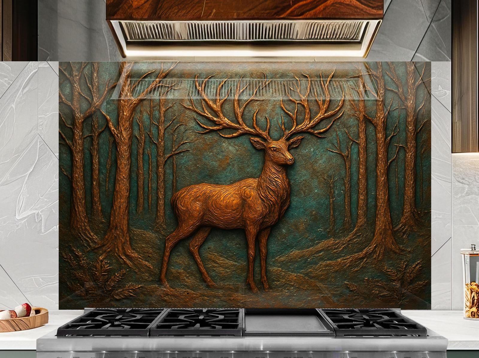a painting of a deer in a forest is on the wall of a kitchen