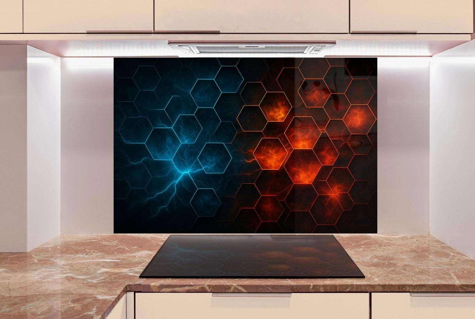 a kitchen with a stove top and a picture on the wall