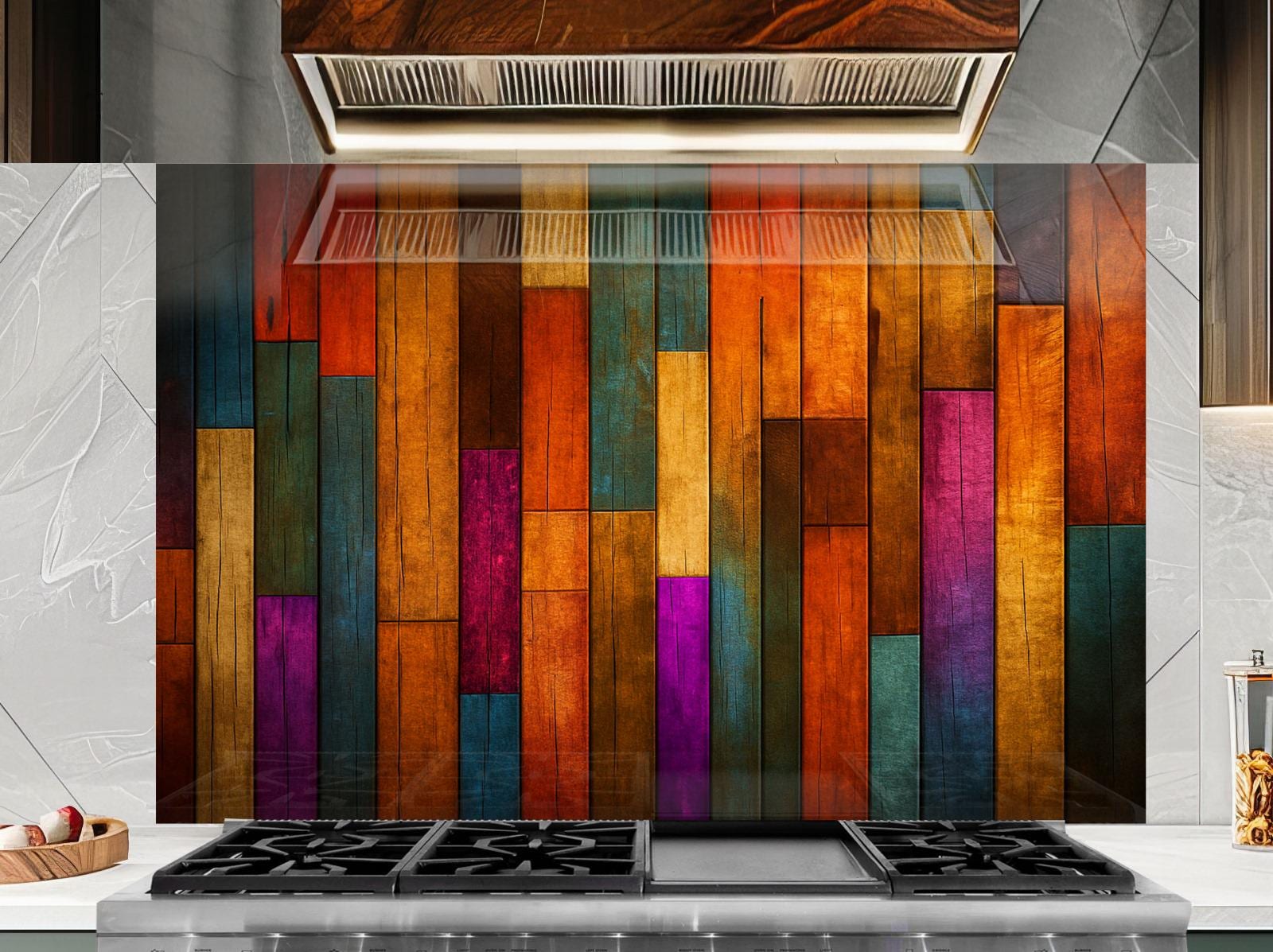 a kitchen with a stove top and a wooden wall