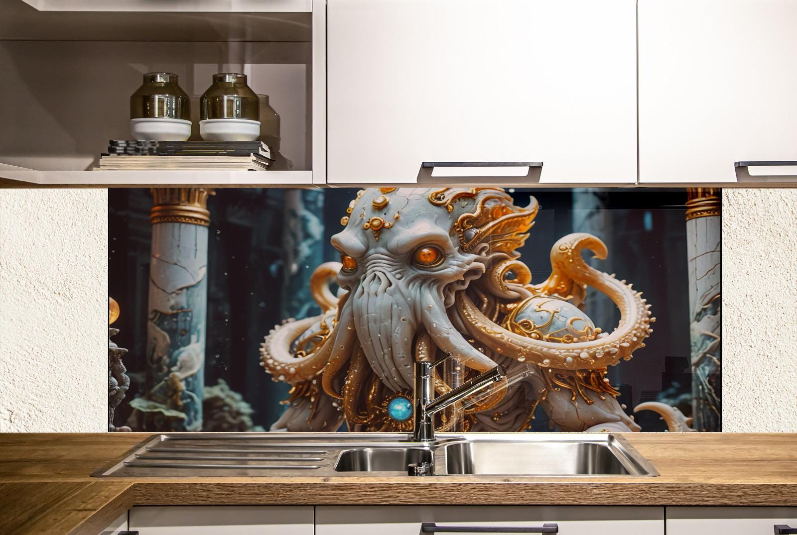 a large, detailed, and colorful depiction of a fantastical creature, possibly a squid or octopus, with intricate patterns and designs. The creature is positioned in the center of the image, drawing the viewer&#39;s attention. The background appears to be a dark, mysterious setting, possibly a cave or underwater environment, which complements the creature&#39;s appearance. The sink is located in the foreground, and there are some shelves or cabinets visible in the background.