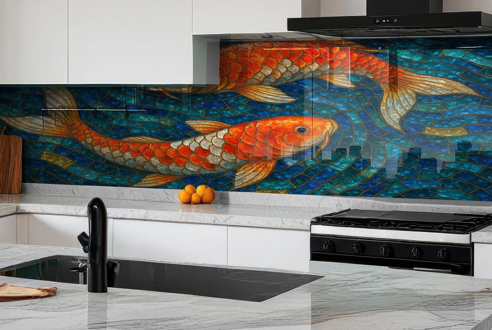 a kitchen with a stove top oven next to a fish mural