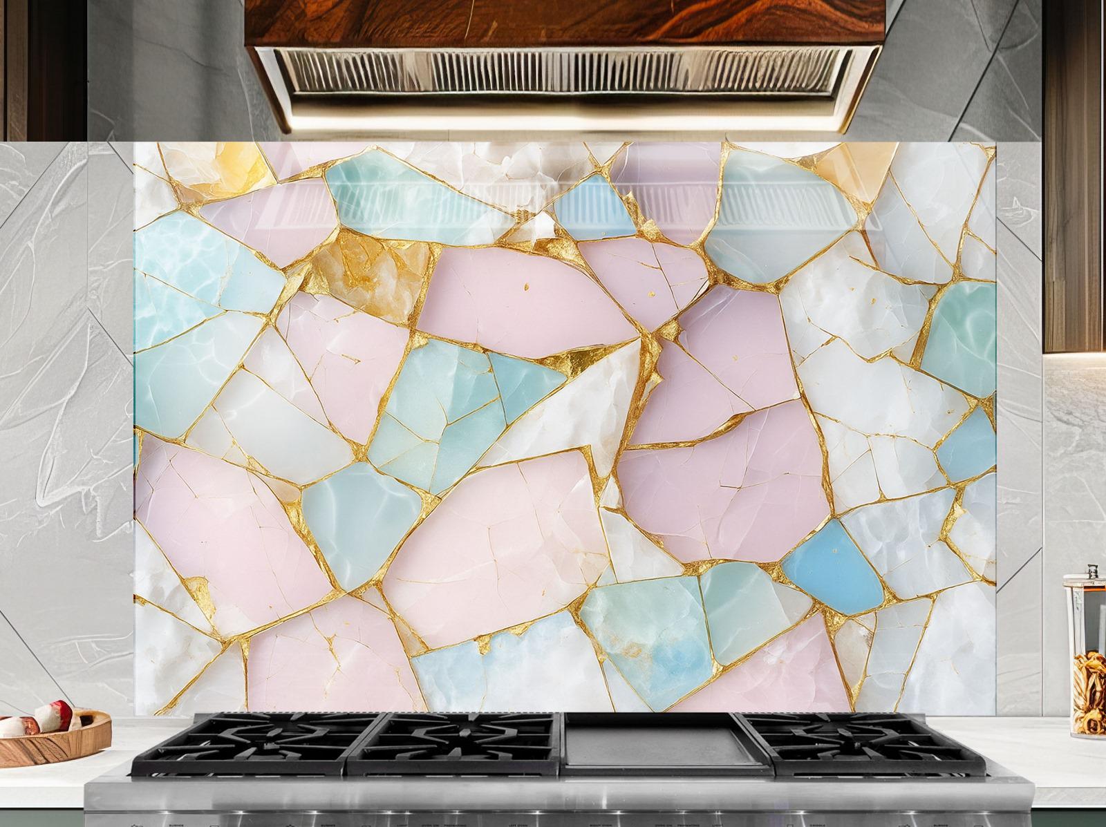 a kitchen with a marble backsplash and a stove top