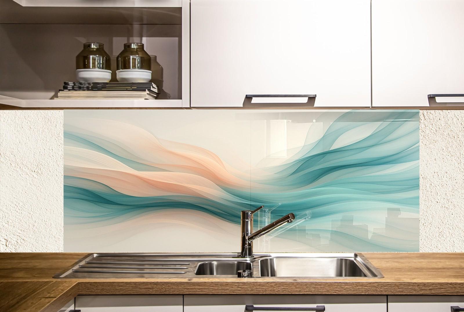 a kitchen with a sink and a painting on the wall