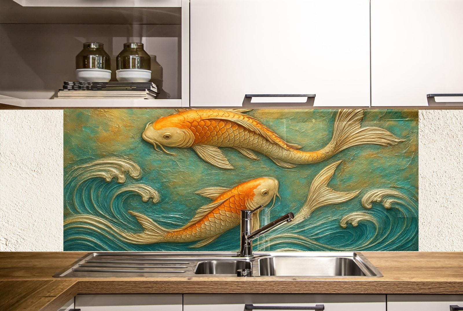 a painting of two gold fish on a green background