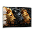 three lion heads, each with a unique color and style, set against a dark background.