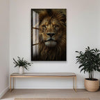 a large framed picture of a lion's face hanging on a white wall, with a wooden bench and potted plants in the foreground.