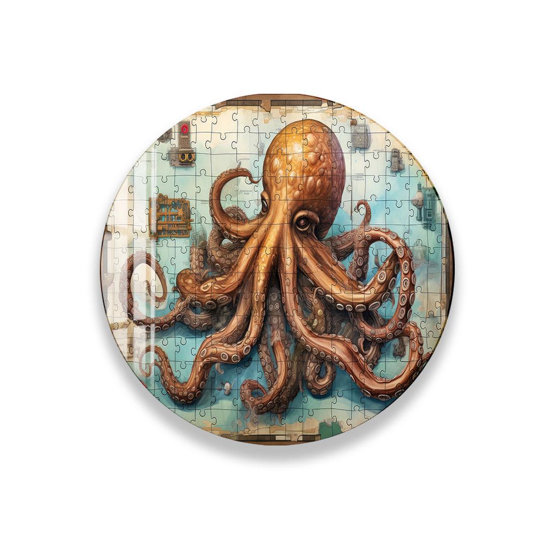 a large, detailed painting of an orange octopus with its tentacles spread out, creating a striking and intricate visual.