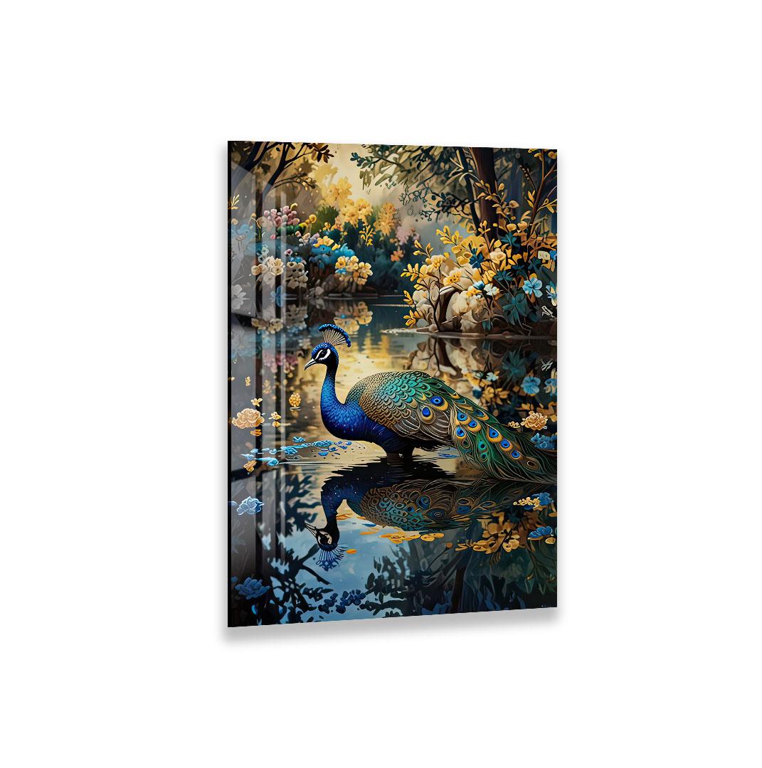 A peacock standing in a pond surrounded by colorful flowers and lush greenery.