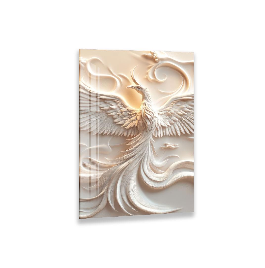 a detailed relief sculpture of a white bird with outstretched wings, appearing to be in flight.