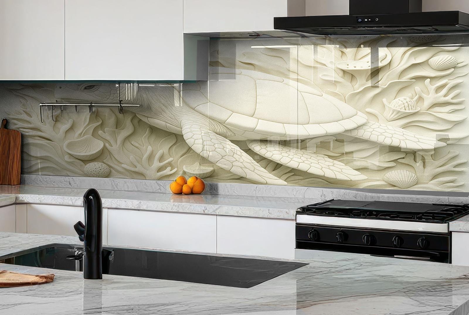 a kitchen with a stove top oven next to a counter