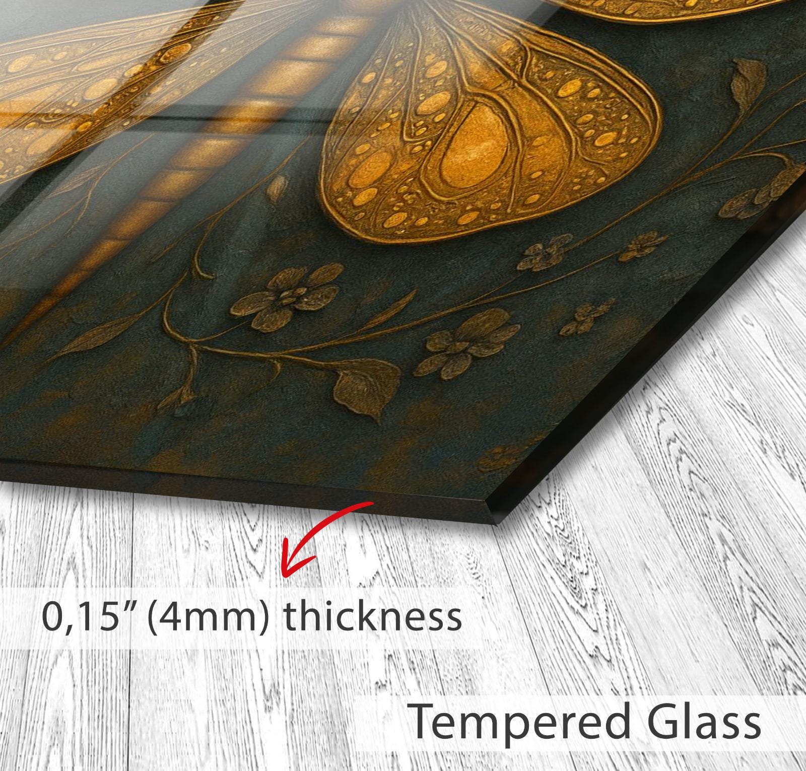 The image is a close-up of a glass surface with a detailed design of a butterfly and flowers. The glass appears to be Tempered Glass, which is described as having a thickness of 4mm.