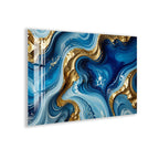 The image is a vibrant abstract artwork featuring swirling patterns of blue and gold hues. The artwork is composed of various shapes and lines, creating a dynamic and visually striking composition.