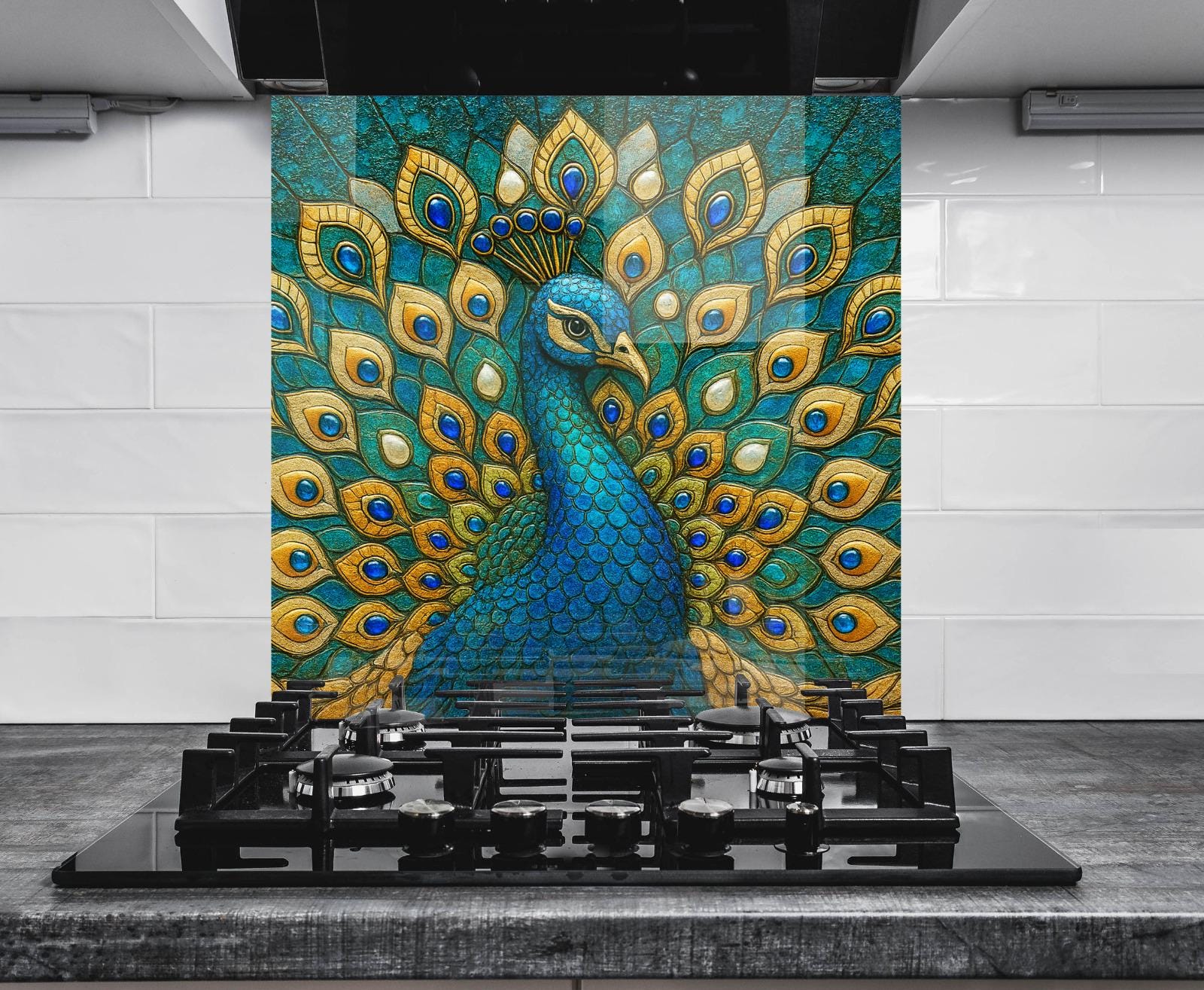 a painting of a peacock on a stove top